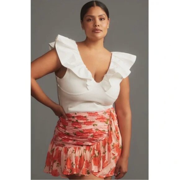 NWT Anthropologie | Maeve | Pink Floral Linen Blend Ruffle Wrap Mini Skirt, 0 - Picture 1 of 10